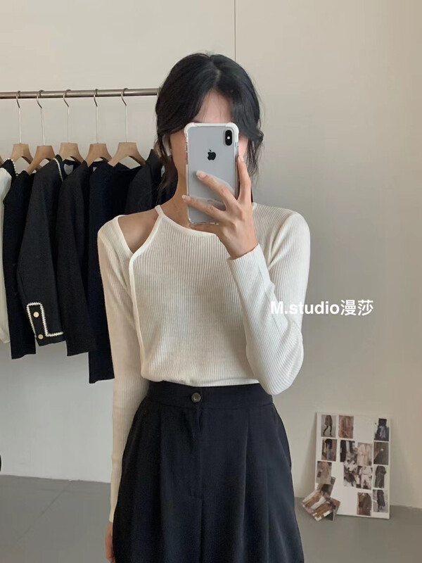 New in autumn! [MSTUDIO Mansha] Korean simple and versatile hollow bottoming shirt ma08# HBX