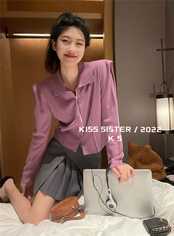 【KISS SISTER】Korean Solid Color Puff Sleeve Zipper Short Knit Cardigan 22M8230