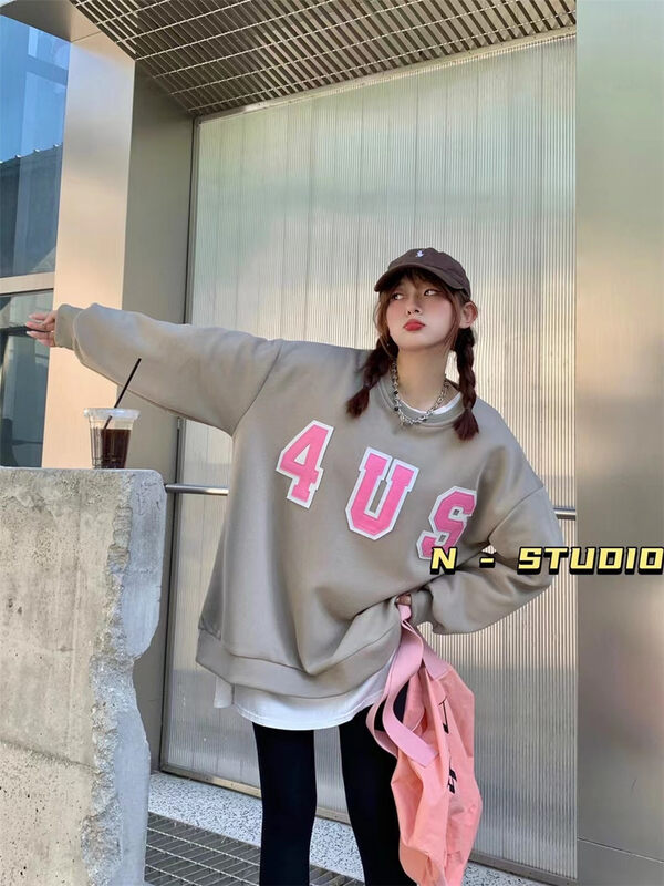 New in autumn! [N] Leather label letter pullover sweater Q288# WTT