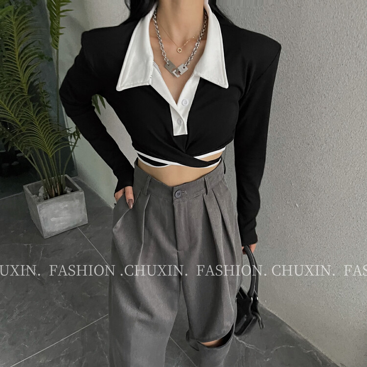 [C.X Beginning] Women's Summer POLO Shirt with Contrast Color Striped Straps High Waist Short Shoulder Pads 6535# WTT