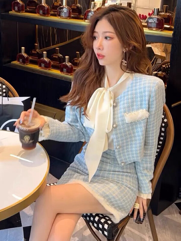 Autumn is new!【KIKI STUDIO】Fashion small fragrance short coat + slim skirt two-piece suit 6748# HJY