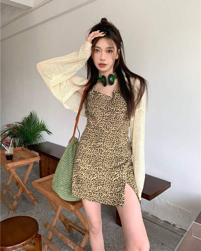 New in early autumn! [Timely rain] Korean style ins sweet and spicy style design leopard print irregular suspender dress + hollow knitted cardigan suit 70031# WPL