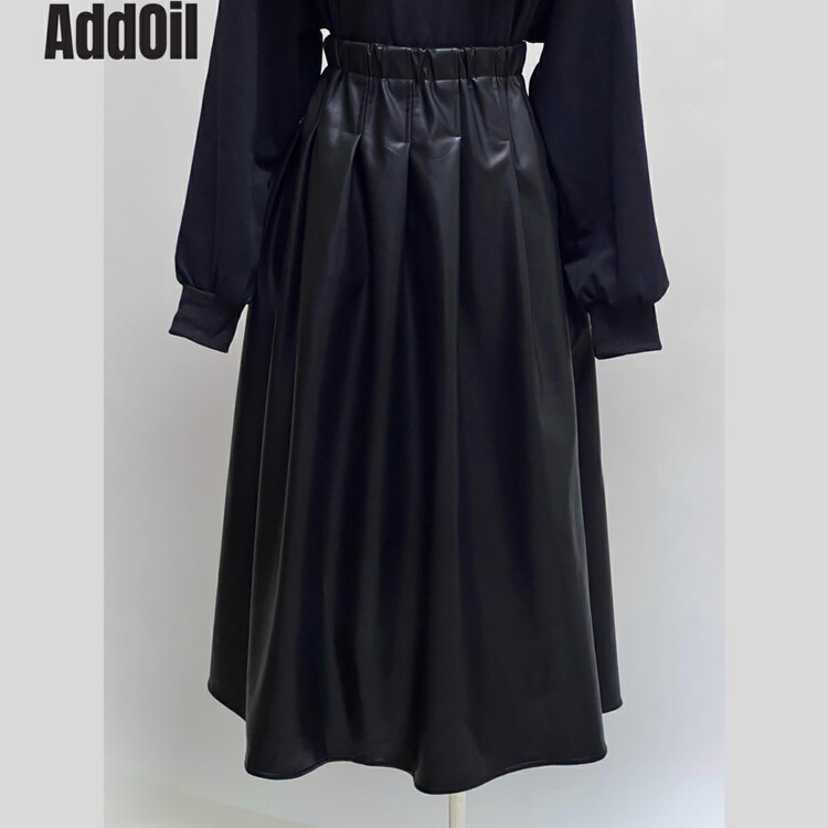 New in autumn! [ADDOIL] elastic waist pleated pu leather skirt 85028# ZXL