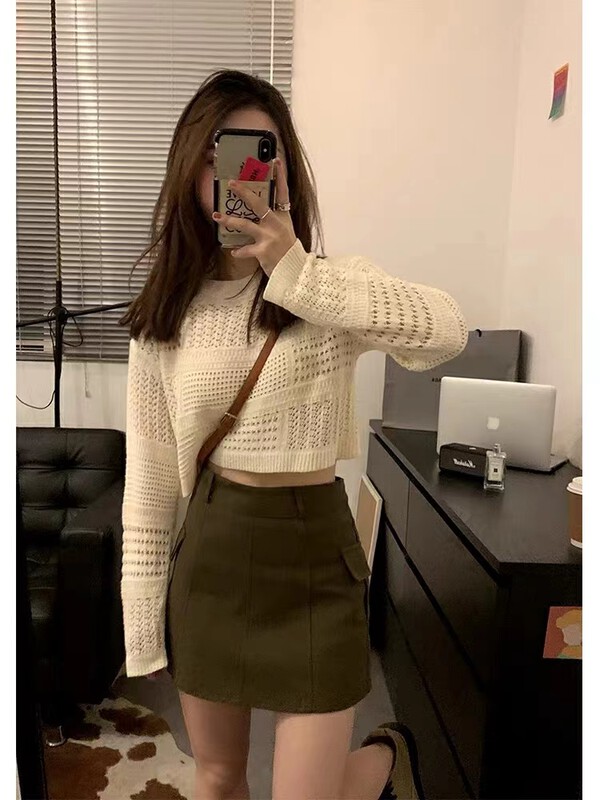 New in autumn! [KAKAJIA] Design solid color crochet short warm sweater 2669# OZQ