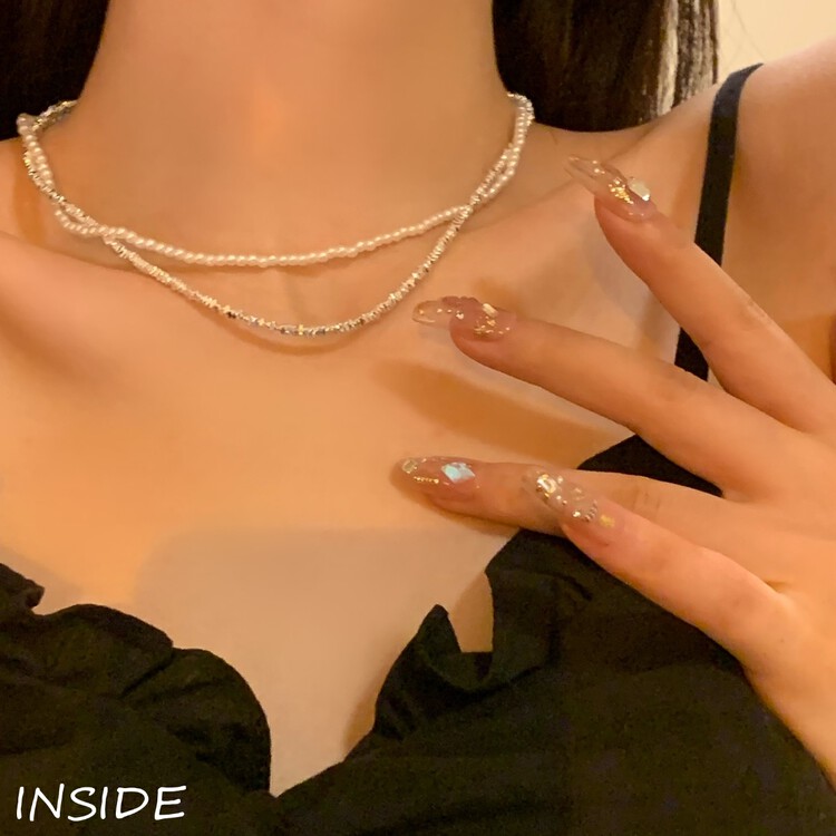 【INSIDE】 Sweet and Cool Spice Girl Style Broken Silver Imitation Pearl Double Layer Short Necklace (with box randomly distributed) X3559# ZXL