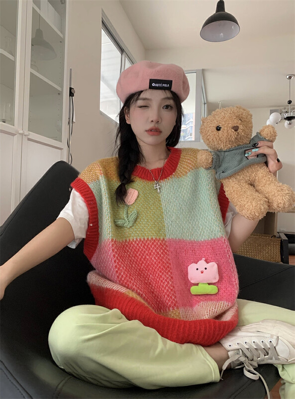 Autumn models are new! [Timely rain] Hanfeng ins sweet color contrast craft stitching plaid vest (without collocation, non-removable flowers) 89259# WPL
