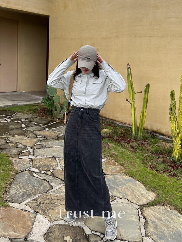 【TRUSTME】Trend fashion washed and distressed denim skirt denim skirt 40178