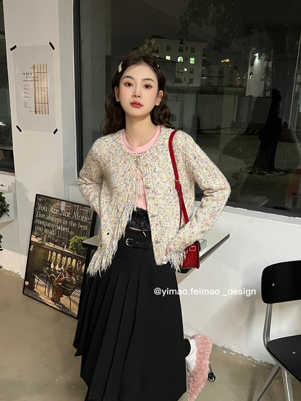 [FEI MAO] Soft and waxy girl cute age-reducing white mixed-color cardigan sweater warm sweater Z-3071# LSL