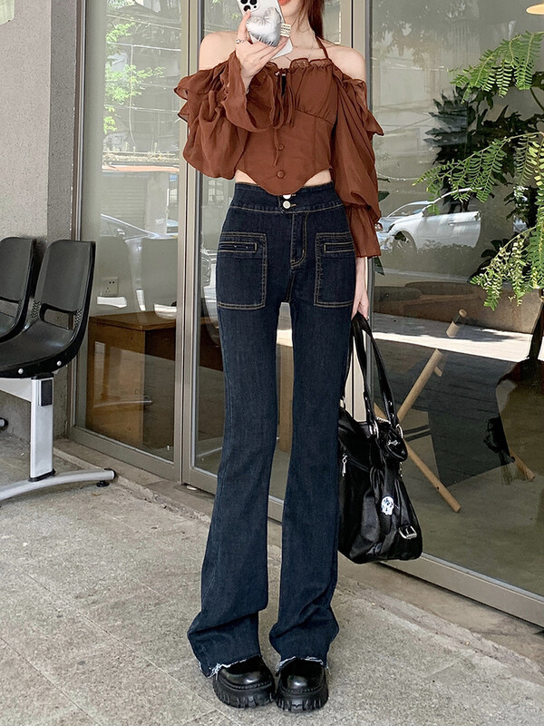New in autumn! [Timely rain] Korean style ins retro two-button high-waisted slimming micro-flare jeans B1008# WPL