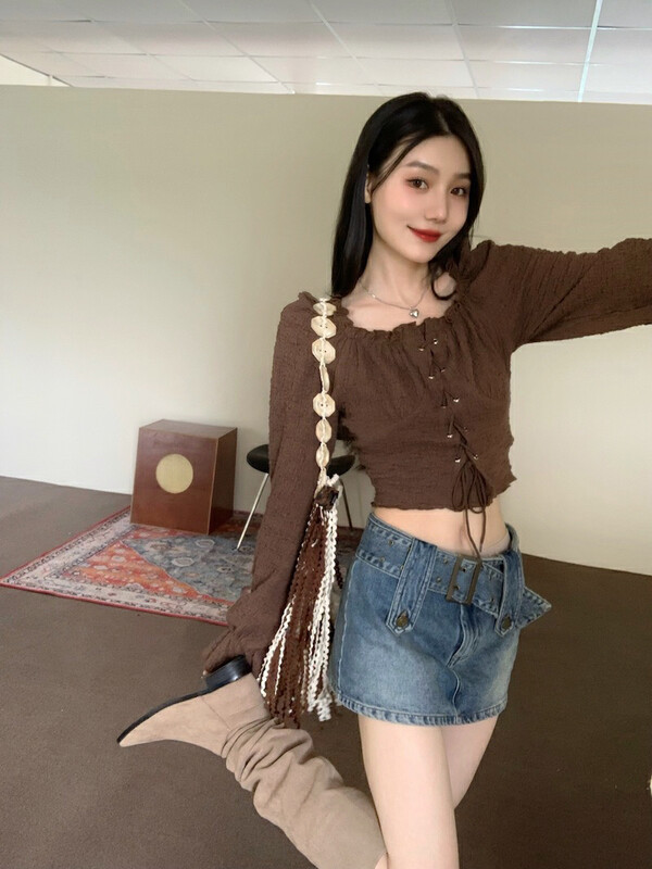 Autumn is new! [Timely rain] Korean style ins sweet lace puff sleeve off-the-shoulder shirt 04582# WPL