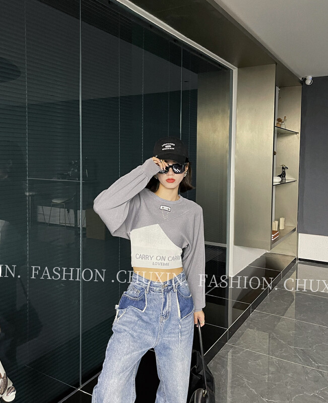 Autumn is new! [C.X original heart] personalized letter camisole + irregular short top two-piece suit Z526# WTT