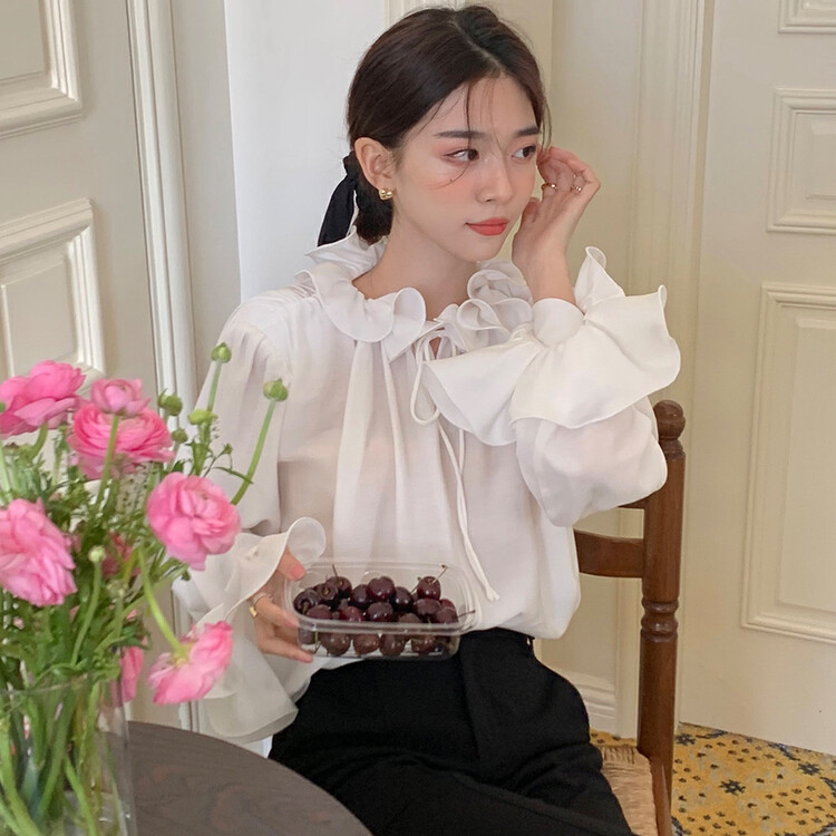 New in early autumn! [Timely rain] Retro French design flower bud fungus shoulder pad shirt (only selling shirts) A3578# WPL