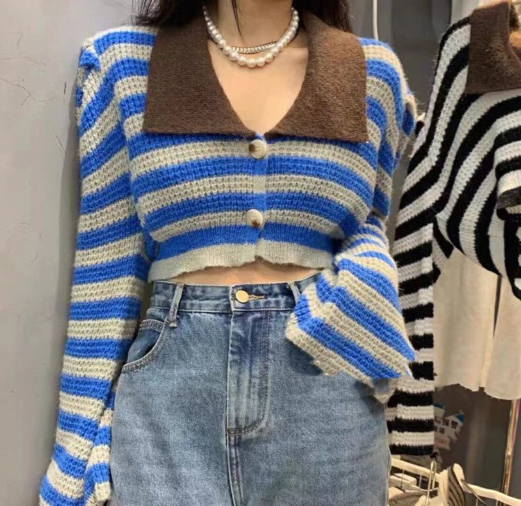 New in autumn! [MI] Korean version of the lapel color-block striped knitted cardigan 1556# PCZ