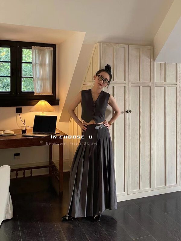 Early Autumn New 【IN.CHOOSE U】Fashion Decorative Leather Buckle Pleated Skirt 67286# CQW