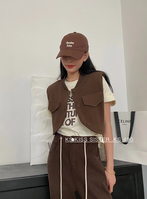 秋款上新!【KS】韓版復古機車無袖馬甲+撞色印花T恤套裝  22278#  CQW