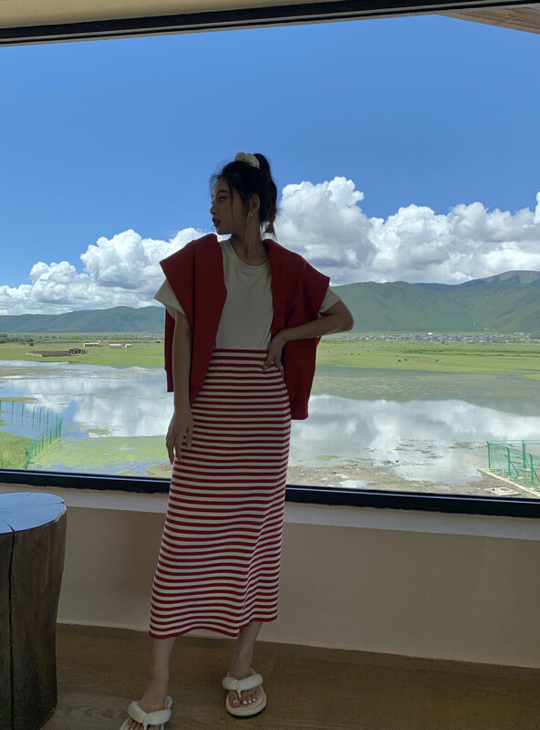 【11AN】Classic Solid Color Striped Skirt A6799