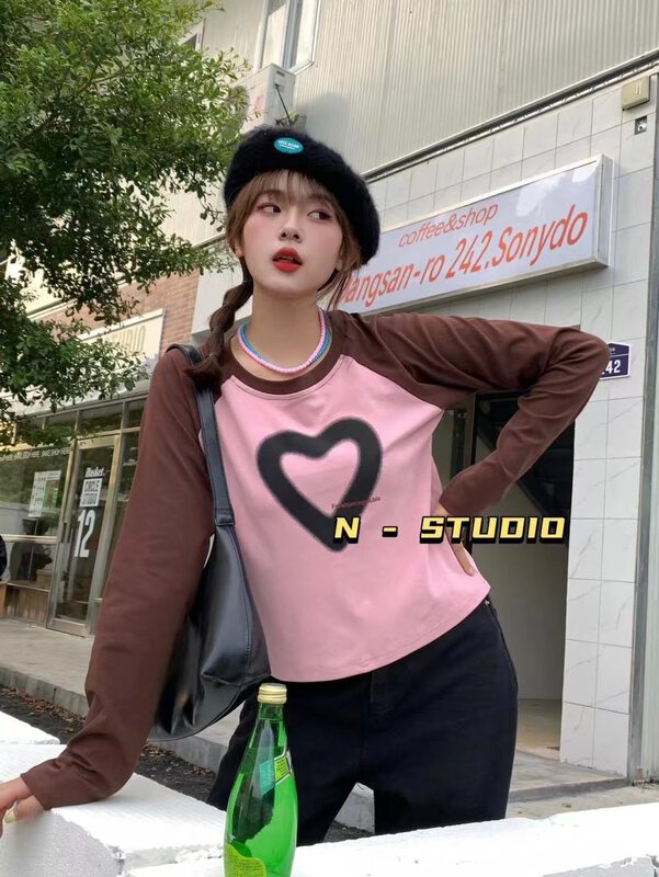Autumn is new! [N] Love pullover color matching long-sleeved T-shirt Q182# WTT