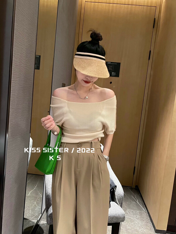 Original price 55.27! 【KISS SISTER】All-match pure desire solid color ice silk one word sweater 22M8099# CQW