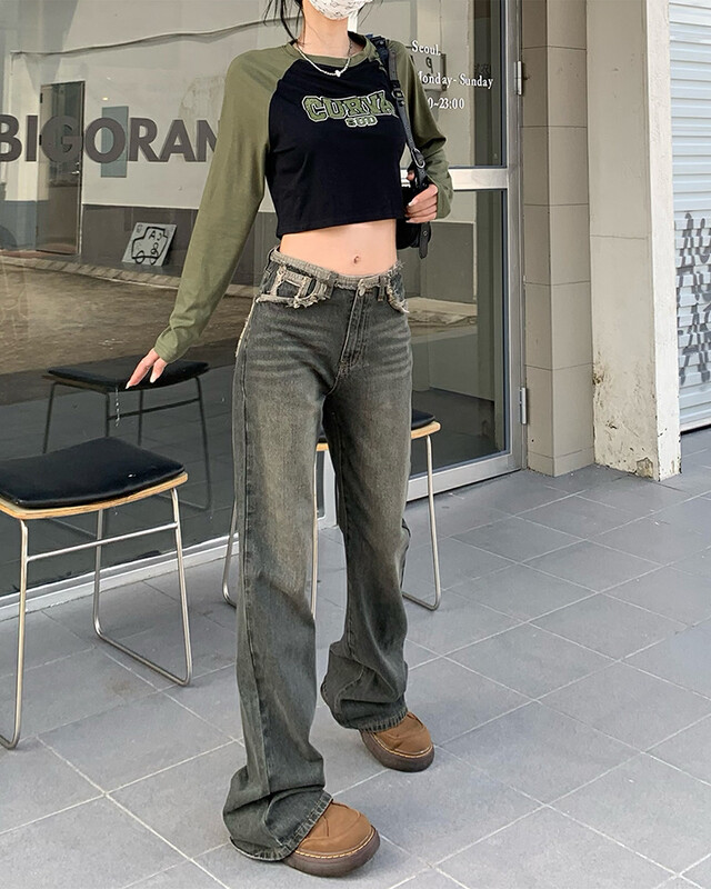 Autumn is new! [Timely rain] Korean style ins retro design raw edge high waist straight jeans 42189# WPL