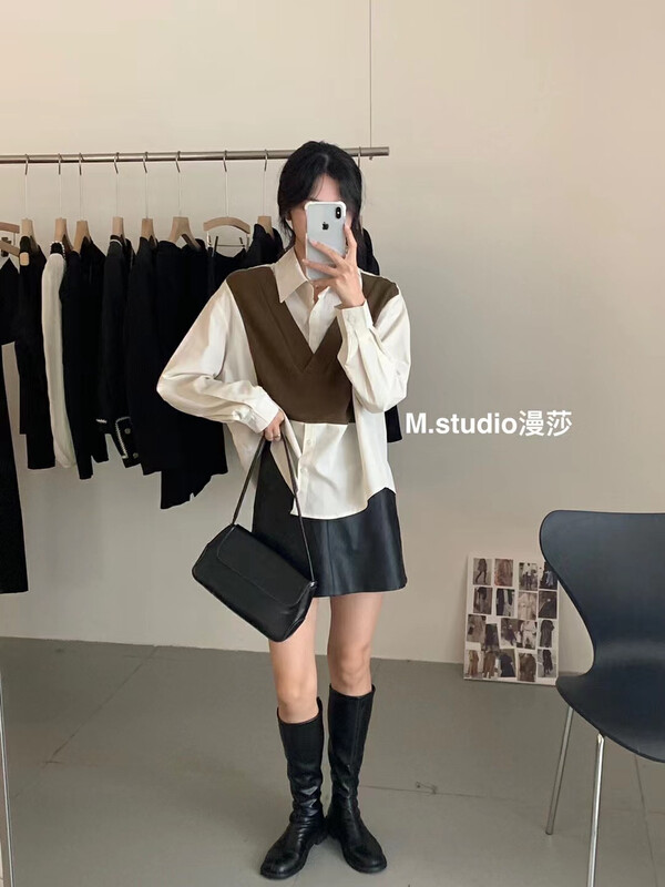 New in autumn!  【MSTUDIO Mansha】Casual Simple Loose Fake Two Piece Shirts T271# HBX