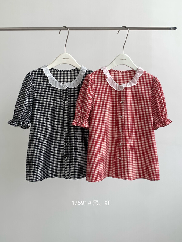 Original price 73.32! 【T.G】Lotus Collar Plaid Fresh Shirt 17591# CLS