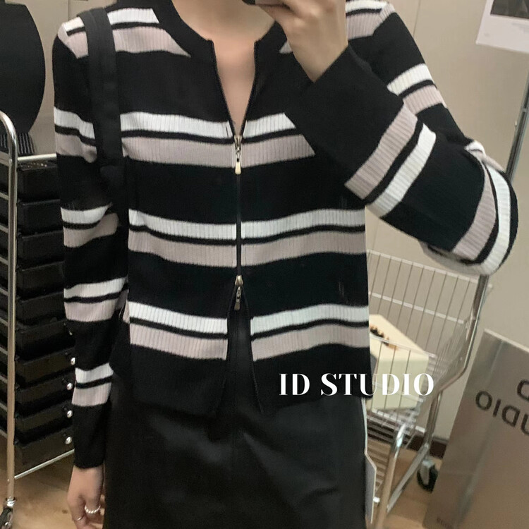 New in early autumn! [I-D] Korean version thin zipper striped shirt YS3019# L