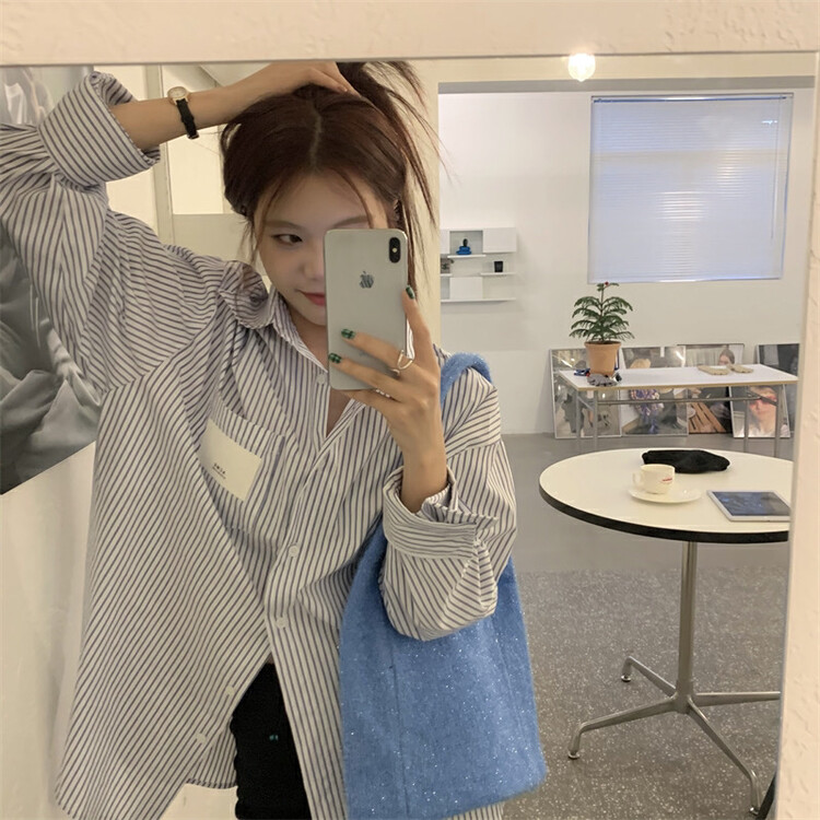 New in early autumn! [Timely rain] Korean style ins retro design letter stripes loose and thin all-match shirt 70021# WPL