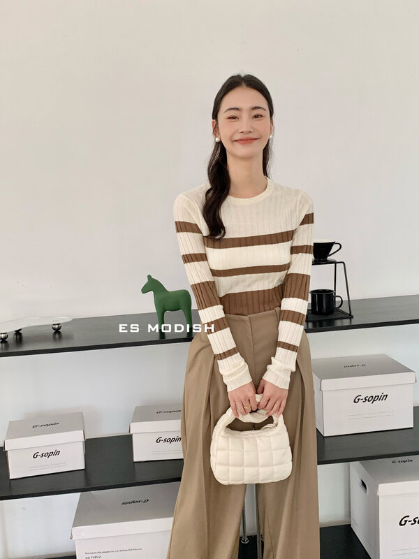 New in autumn!【ES MODISH】Round neck all-match horizontal striped warm sweater BL1876# CQW