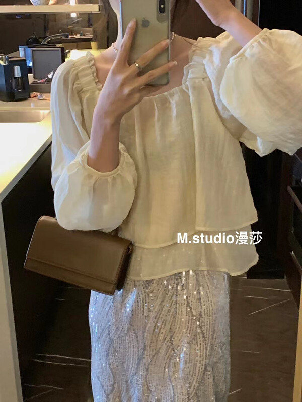 New in early autumn! [MSTUDIO Mansha] Korean Solid Color Square Collar Shirt 6813# LL