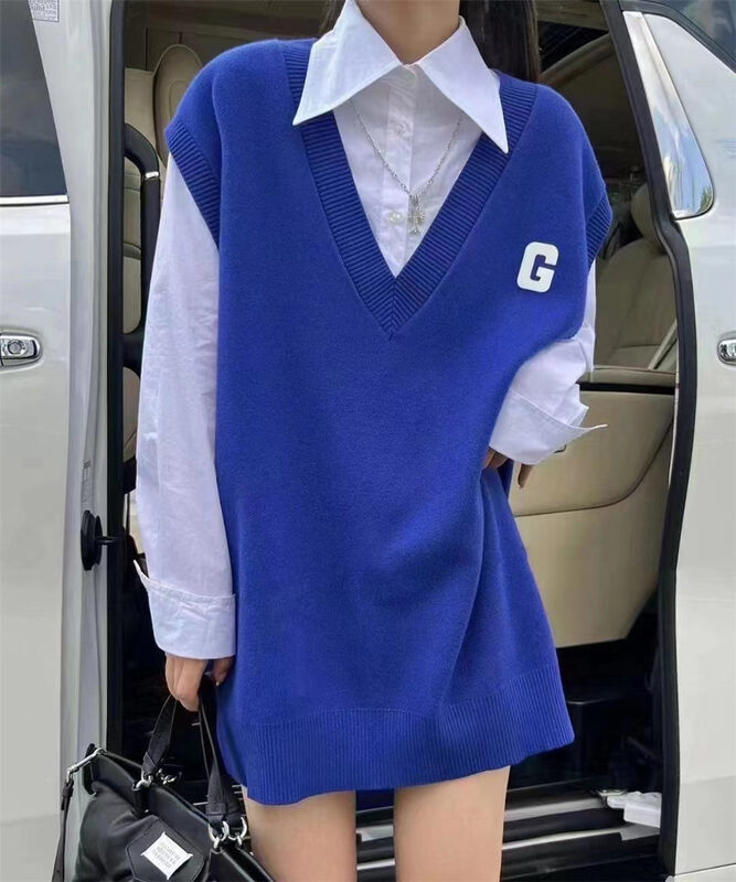 New in autumn!  [Korean C Home] Casual Loose Neat Shirt + Letter Embroidered Knitted Vest Suit 0193# PCZ
