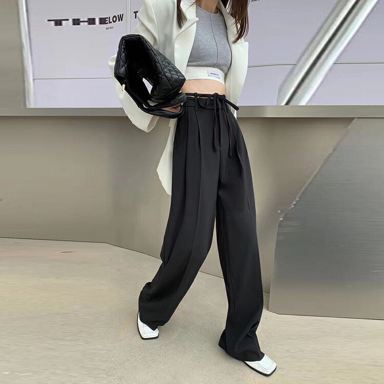 New in autumn! [KIKI STUDIO] drape high waist strap straight trousers (with waist rope) 6526# HJY