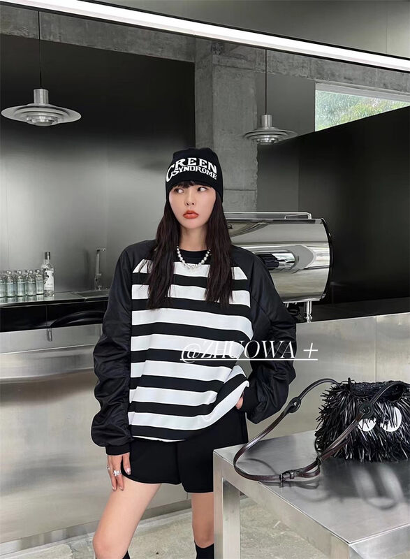 New in autumn! [Strictly selected by buyers - Zhuowa] Contrast stripe raglan loose sweater 5138# CL