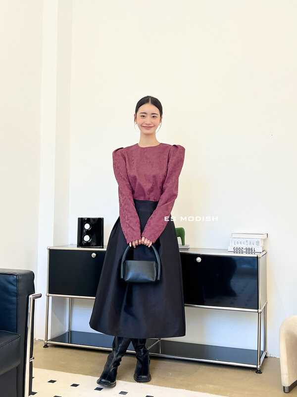 New in early autumn!【ES MODISH】Puff sleeve national style casual jacquard long-sleeved T-shirt BL1887# CQW