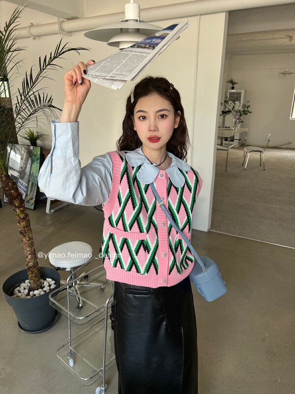 【FEI MAO】Korean version of retro plaid loose casual loose and lazy vest sweater vest Z-13888# CQW