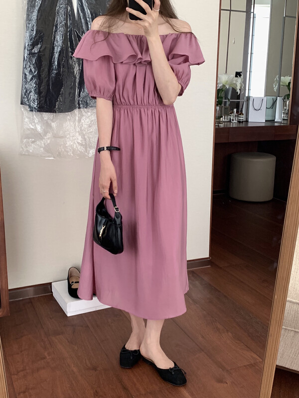 【T.G】Korean Solid Color One-Line Neck Ruffle Dress 17555# CLS