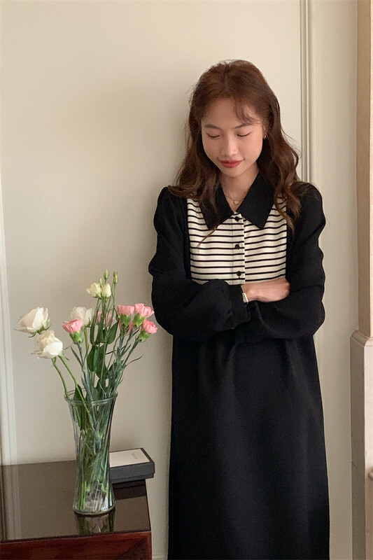 New in autumn! [Timely rain] Korean style ins retro tea break striped stitching temperament thin and loose dress B2237# WPL