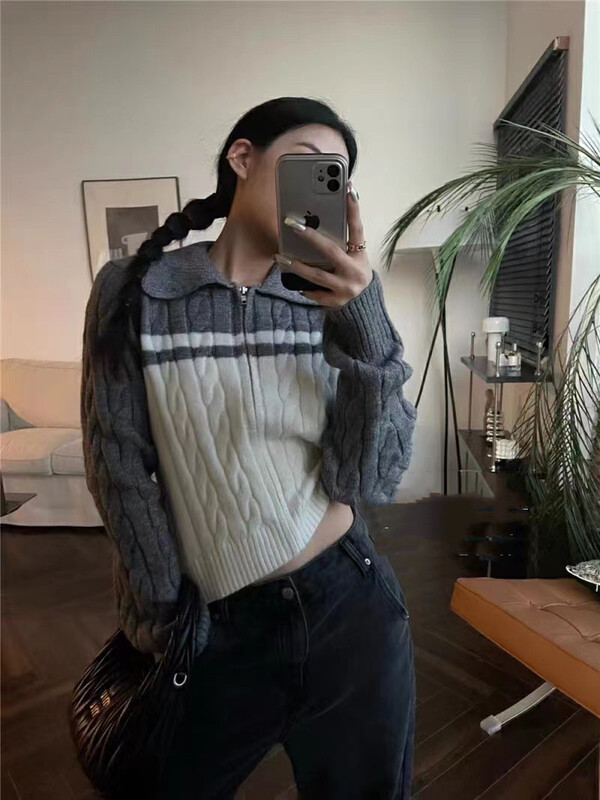 New in autumn! [MI] Korean twist colorblock zipper warm sweater 1540# PCZ