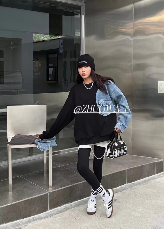 New in autumn! [Strictly selected by buyers - Zhuowa] Personalized stitching denim design loose sweater 5151# CL