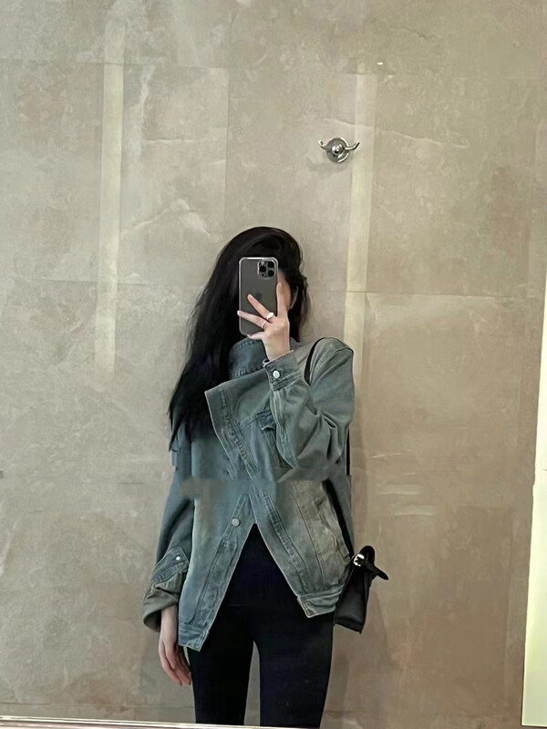 Autumn is new! [MI] Korean version of the diagonal button all-match denim jacket 1587# PCZ