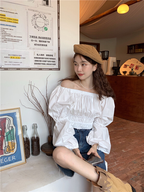 New in early autumn! [Timely rain] Korean style ins retro sweet design scheming one-shoulder shirt 49570# WPL