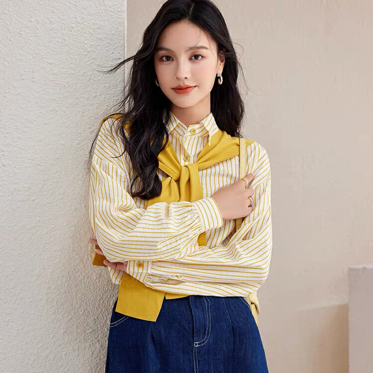 New in autumn!【KIKI STUDIO】loose striped casual shirt (with shawl) 6735# HJY