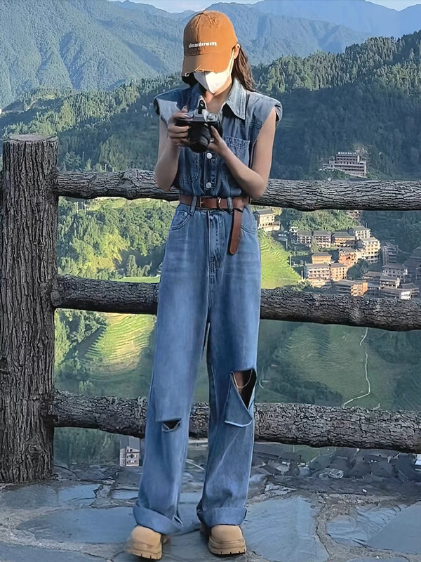 New in early autumn!【KIKI STUDIO】Korean fashion washable denim jumpsuit (with belt) 6413# HJY