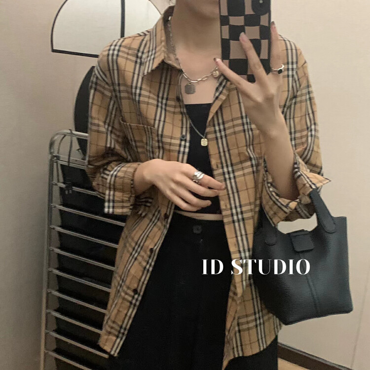 Autumn is new! [I-D] Korean loose and versatile plaid shirt (with shawl) 8352# L