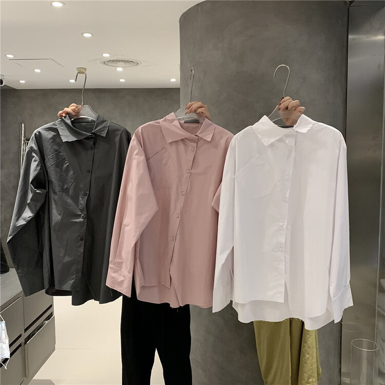New in autumn!【IN.CHOOSE U】Irregular pocket design loose solid color shirt 69511# CQW