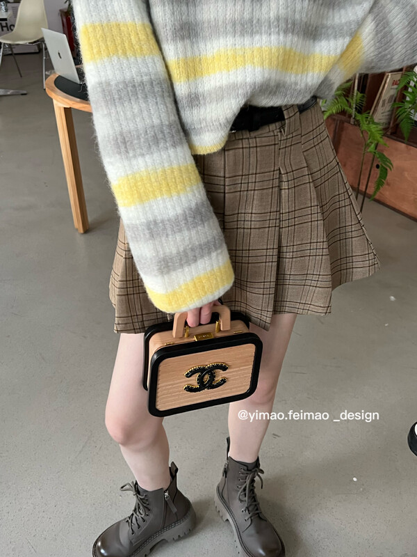 [FEI MAO] Plaid high waist slim A-line skirt small checkerboard pleated skirt (with belt) Z-8574# CQW