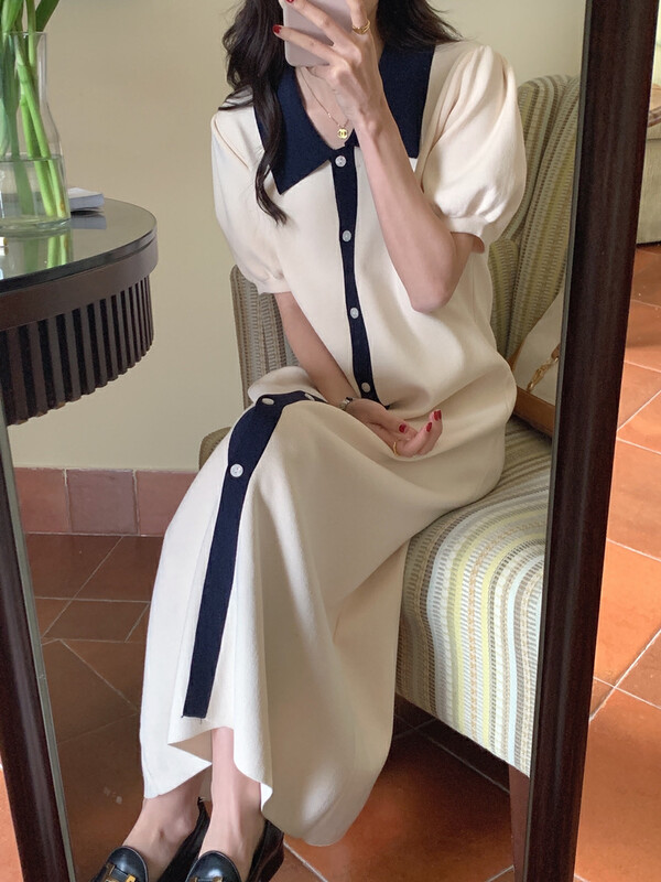 Autumn is new! [Timely rain] Korean ins retro contrast color lapel single-breasted slim knitted dress 44500# WPL