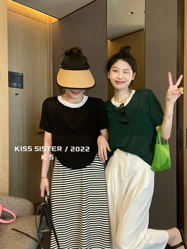 Original price 55.27! 【KISS SISTER】Korean version contrast color design all-match simple knitted sweater 22M8108# CQW