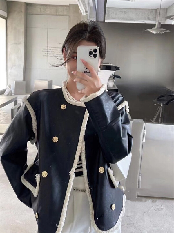 New in autumn! [KIKI STUDIO] Korean version of the small fragrance PU leather short jacket 6730# HJY