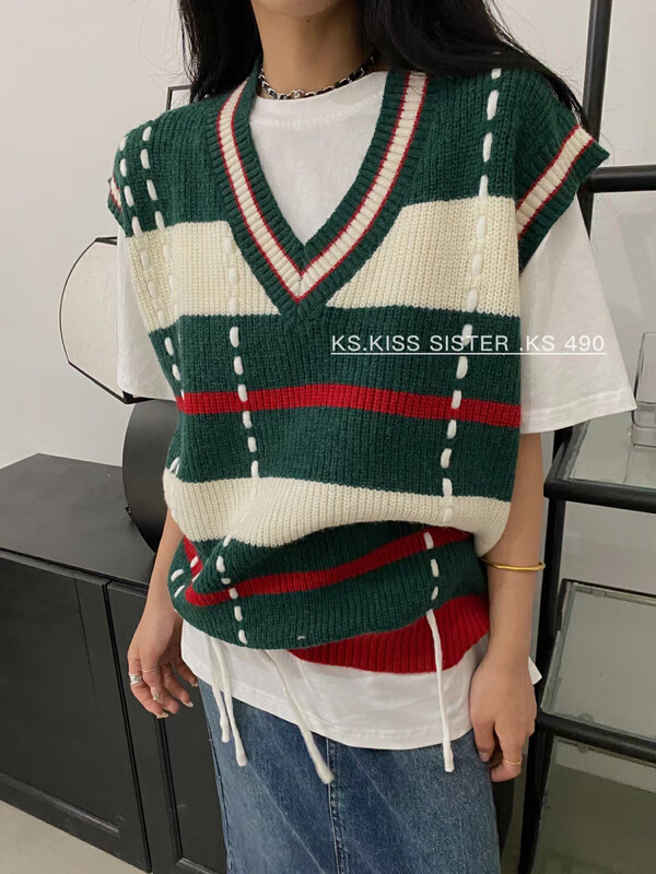 New in autumn! [KS] American retro contrast color V-neck loose vest 22338# CQW