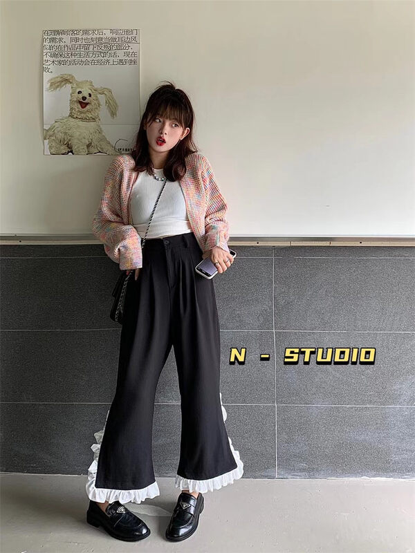 New in autumn! [N] Elastic waist Korean version loose velvet stitching lace casual pants Q174# WTT